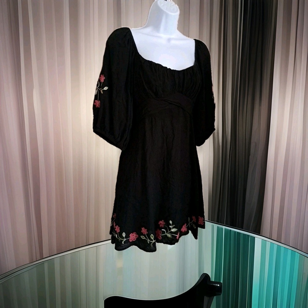 Black Mini Dress L Puff Sleeve Babydoll Milkmaid Floral Embroidery Mi Ami Zipper